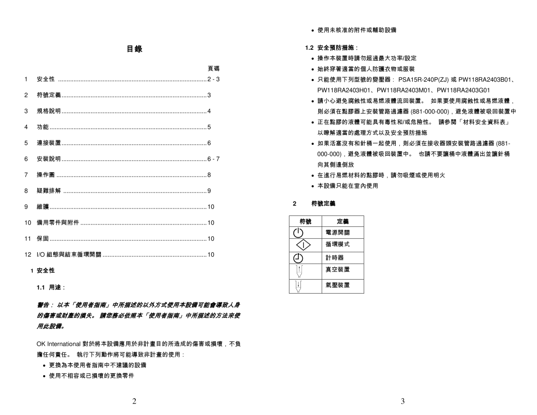 OK International DX-200/215 specifications 安全性 用途：, 安全預防措施：, 符號定義 