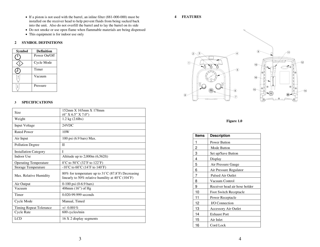 OK International DX-200/215 specifications Symbol Definitions, Specifications, Items Description 