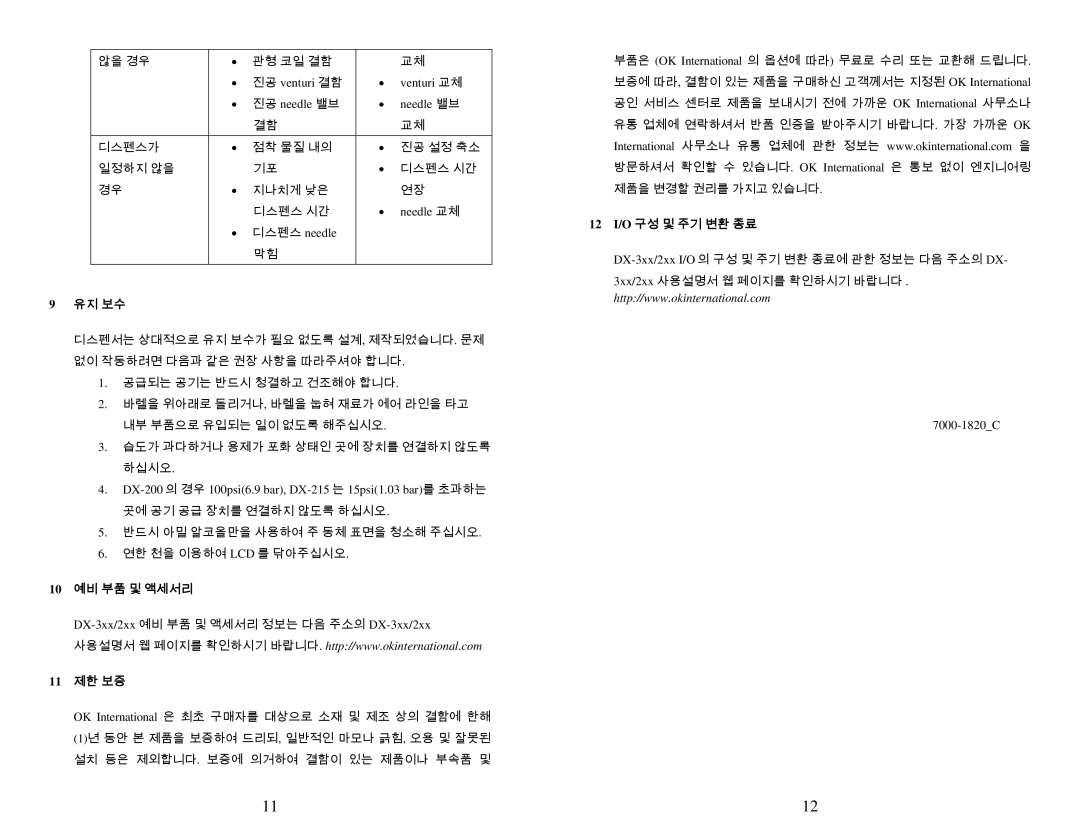 OK International DX-200/215 specifications 유지 보수, 12 I/O 구성 및 주기 변환 종료, 10 예비 부품 및 액세서리, 11 제한 보증 