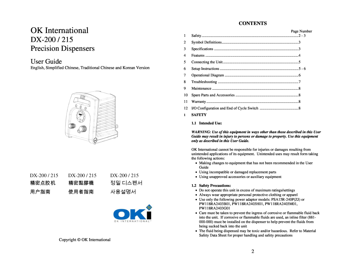 OK International DX-200/215 specifications OK International, DX-200 Precision Dispensers, User Guide, 精密点胶机, 精密點膠機, 用户指南 