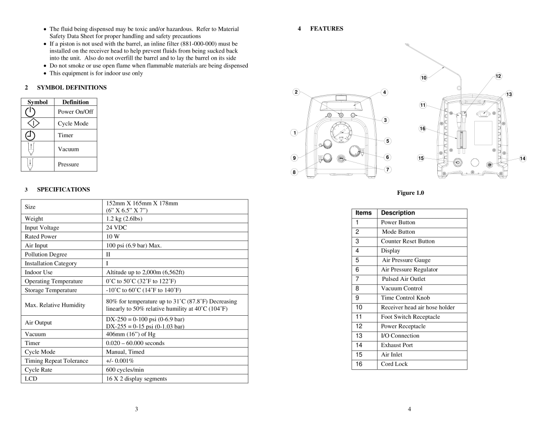 OK International DX-250 specifications Features, Symbol Definitions, Specifications, Items Description 