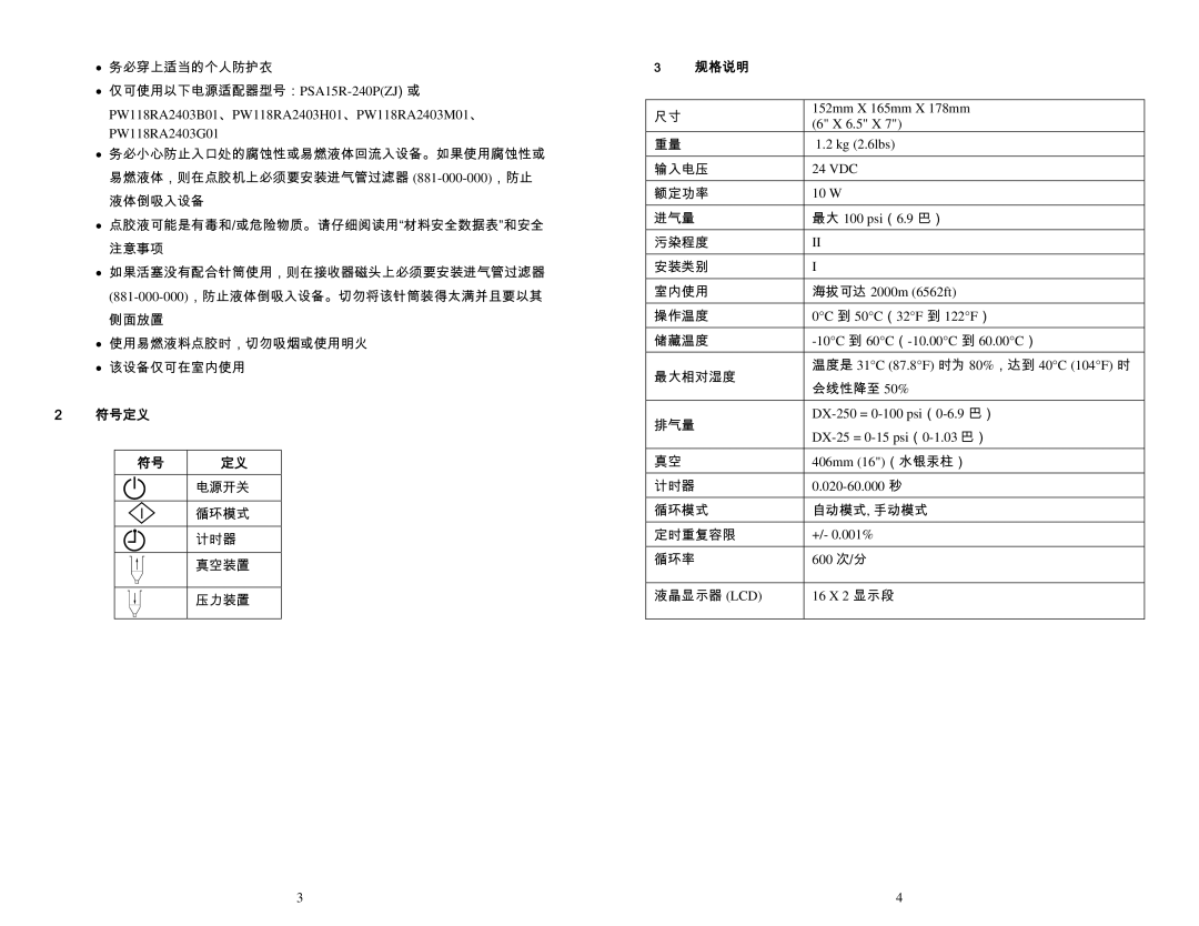 OK International DX-250 specifications 符号定义, 规格说明 