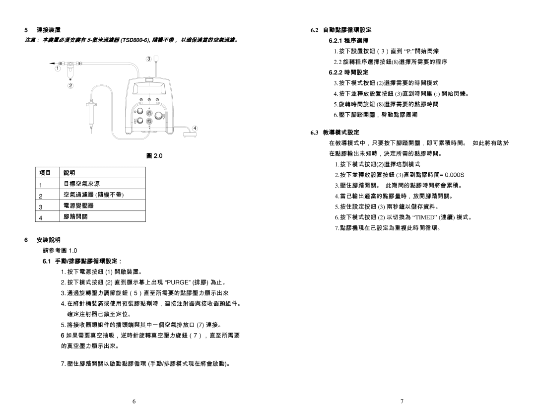 OK International DX-350 / 355 specifications 連接裝置, 安裝說明, 手動/排膠點膠循環設定：, 自動點膠循環設定 1 程序選擇, 2 時間設定, 教導模式設定 