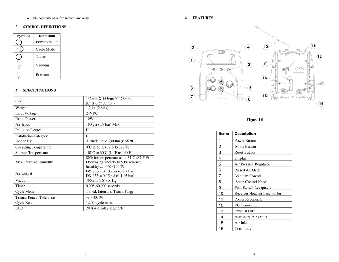 OK International DX-350 / 355 specifications Features, Symbol Definitions, Specifications, Items Description 