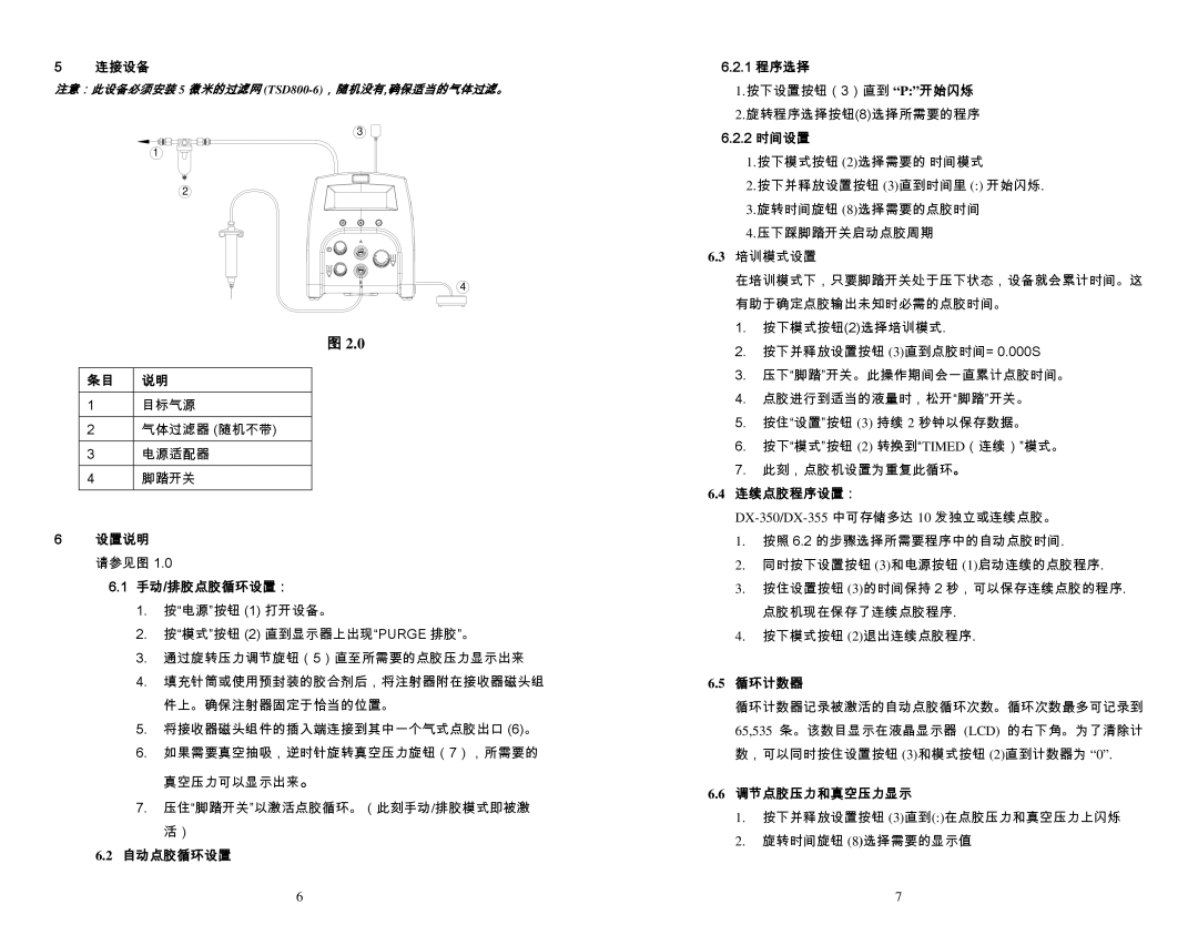 OK International DX-350 / 355 连接设备, 设置说明, 手动/排胶点胶循环设置：, 自动点胶循环设置 1 程序选择, 2 时间设置, 连续点胶程序设置：, 循环计数器, 调节点胶压力和真空压力显示 