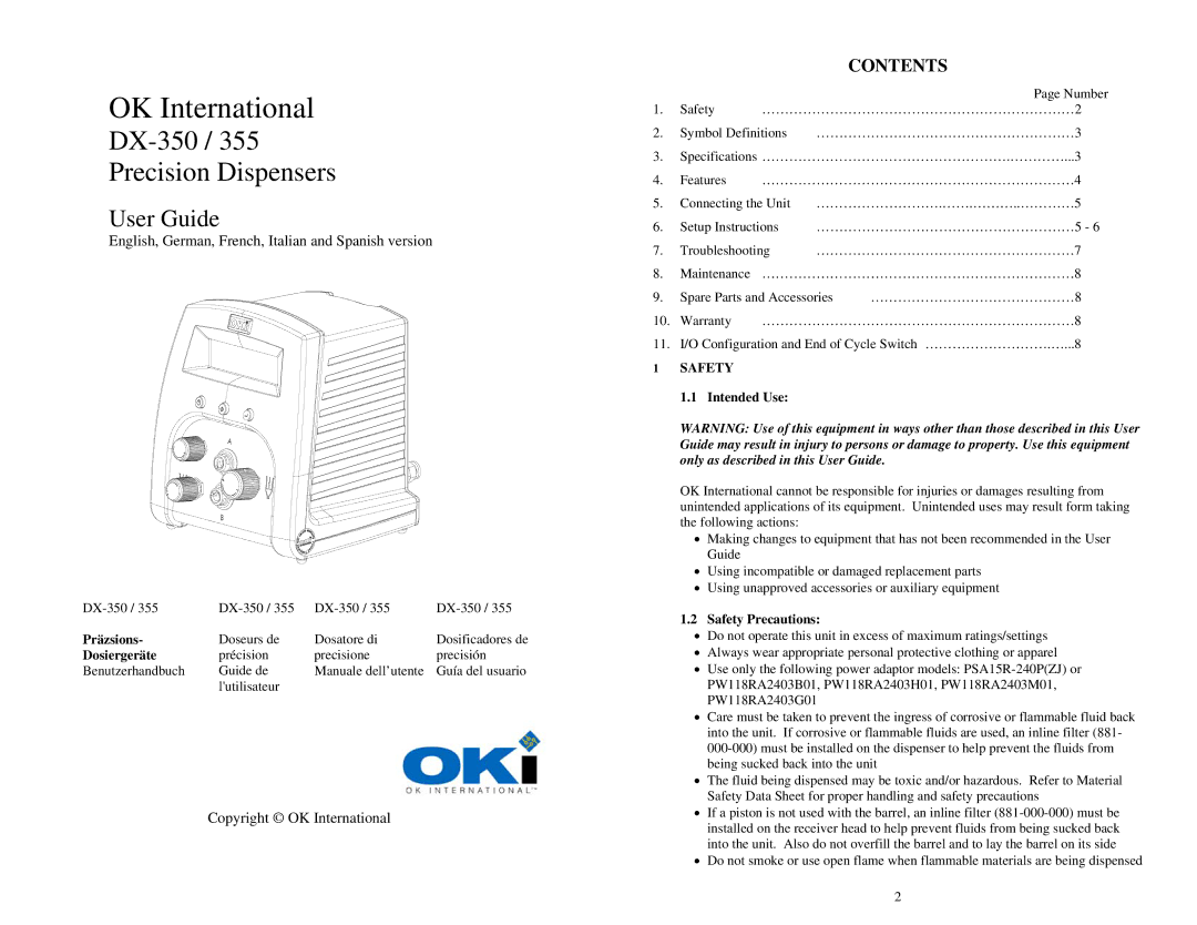 OK International DX-350 / 355 specifications OK International 