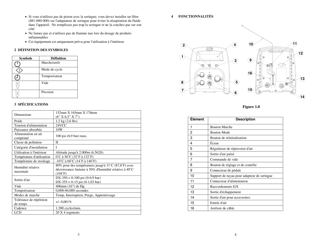 OK International DX-350 / 355 specifications Définition DES Symboles Fonctionnalités, Spécifications, Élément Description 