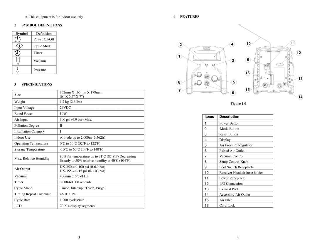 OK International DX-350 / 355 specifications Features, Symbol Definitions, Specifications, Items Description 