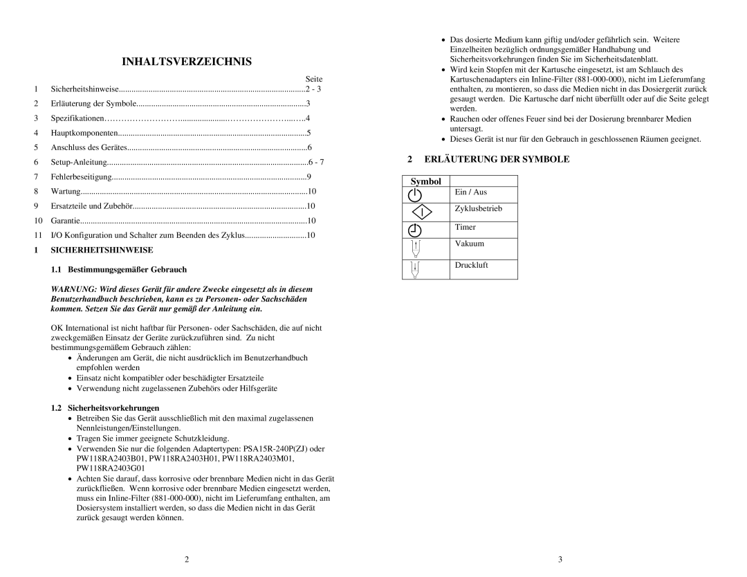 OK International DX-350 / 355 specifications Sicherheitshinweise, Bestimmungsgemäßer Gebrauch, Sicherheitsvorkehrungen 