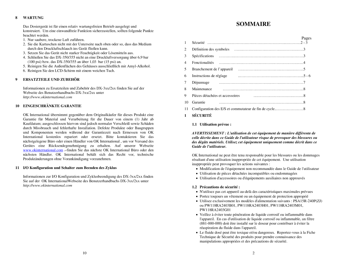 OK International DX-350 / 355 specifications Wartung, Ersatzteile UND Zubehör Eingeschränkte Garantie, Sécurité 