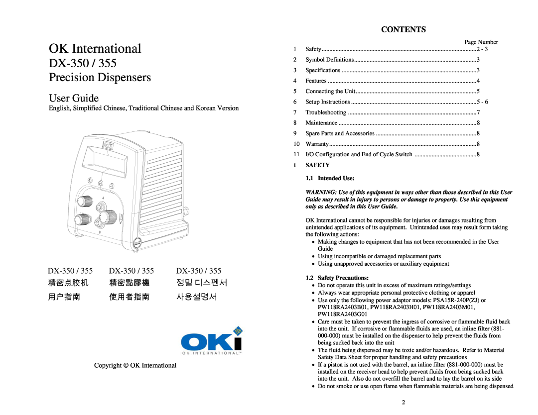 OK International DX-350 / 355 specifications Contents, Copyright OK International, Präzsions, Dosiergeräte, User Guide 
