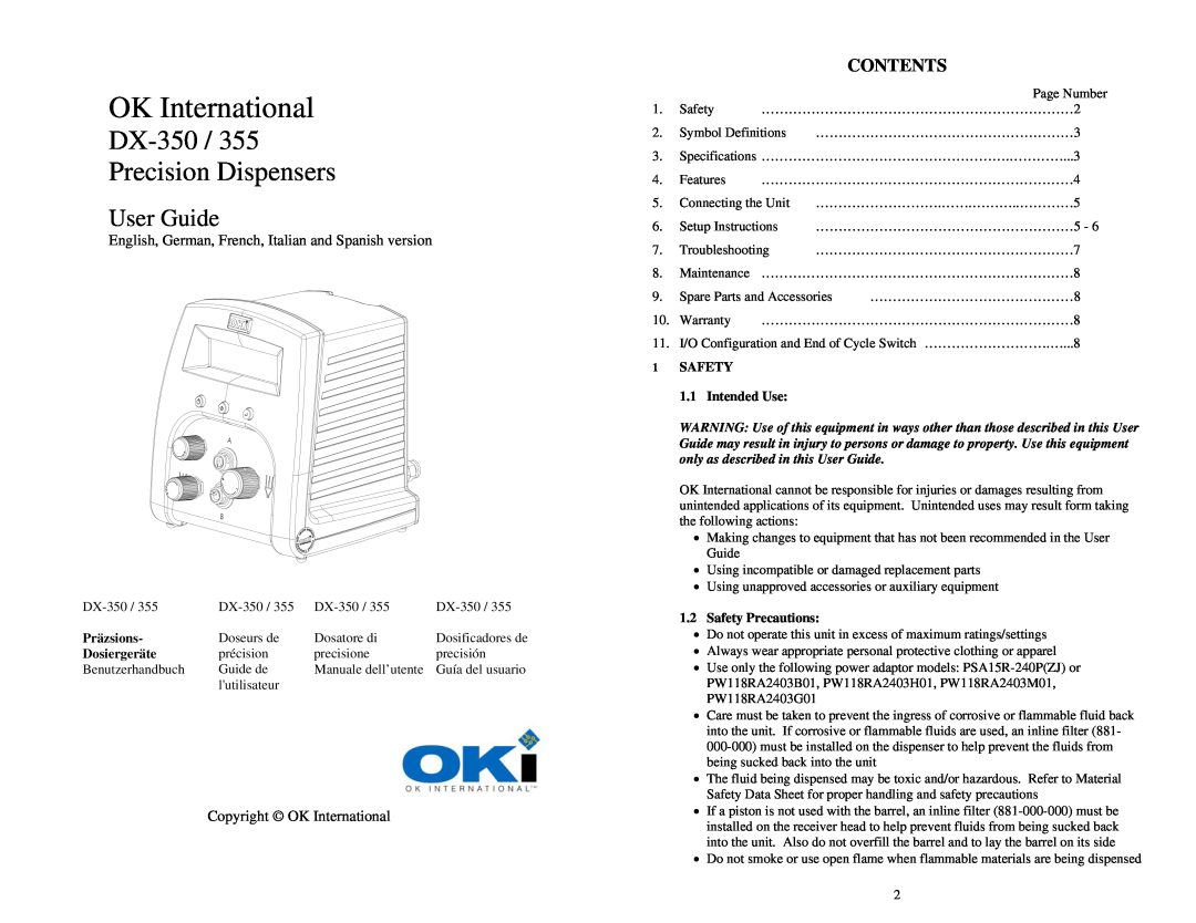 OK International DX-350 / 355 specifications Contents, Copyright OK International, Präzsions, Dosiergeräte, User Guide 