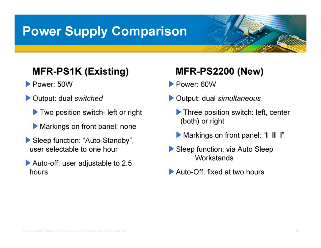 OK International MFR-2200 Series manual Power Supply Comparison, MFR-PS1K Existing 