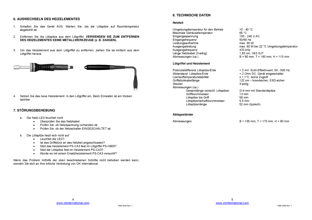 OK International soldering system, ps-900 Auswechseln DES Heizelementes, Störungsbehebung, Technische Daten 