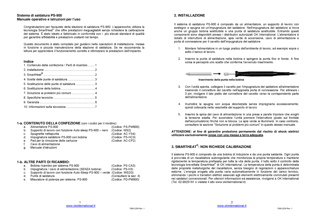 OK International soldering system Indice, Contenuto Della Confezione con i codici per il riordino, Altre Parti DI Ricambio 