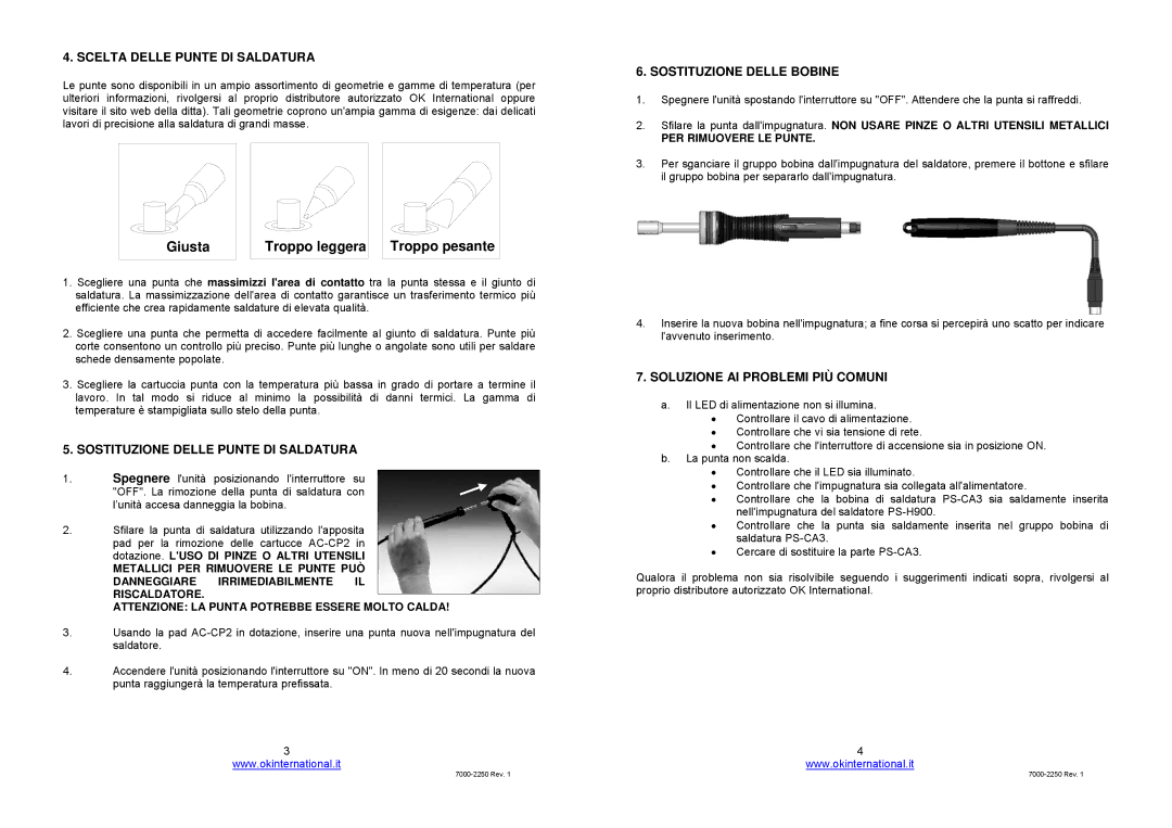 OK International ps-900 Giusta Troppo leggera Troppo pesante, Scelta Delle Punte DI Saldatura, Sostituzione Delle Bobine 