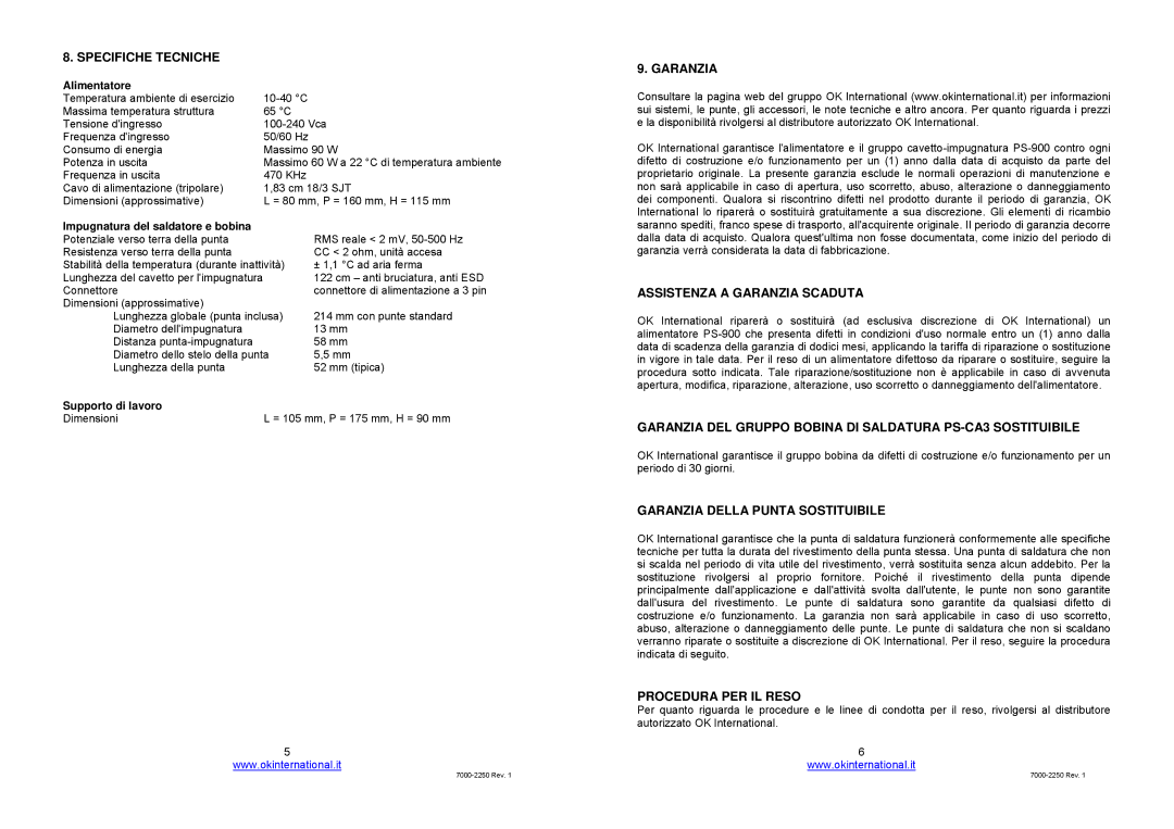 OK International soldering system, ps-900 Specifiche Tecniche, Assistenza a Garanzia Scaduta, Procedura PER IL Reso 