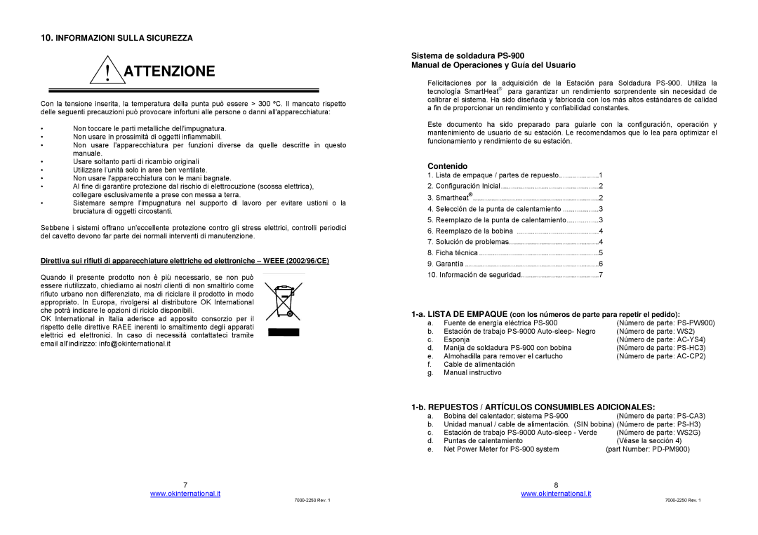 OK International ps-900 Attenzione, Informazioni Sulla Sicurezza, Contenido, Repuestos / Artículos Consumibles Adicionales 