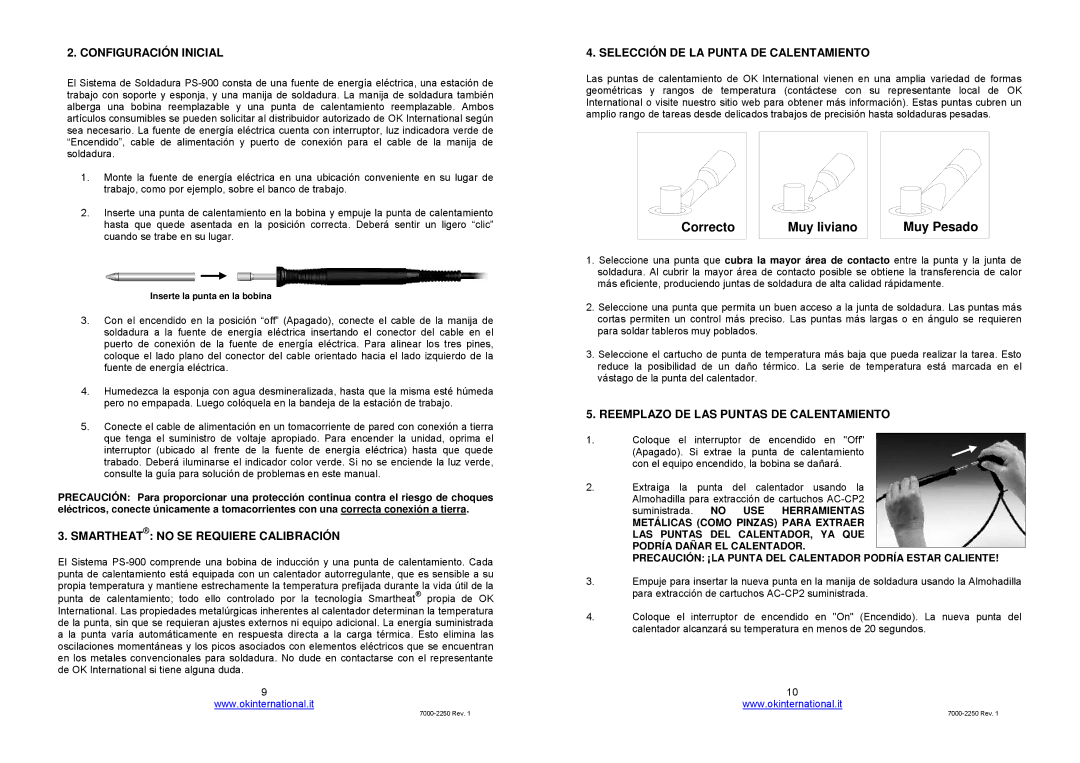 OK International soldering system, ps-900 manuel dutilisation Correcto Muy liviano Muy Pesado, Configuración Inicial 