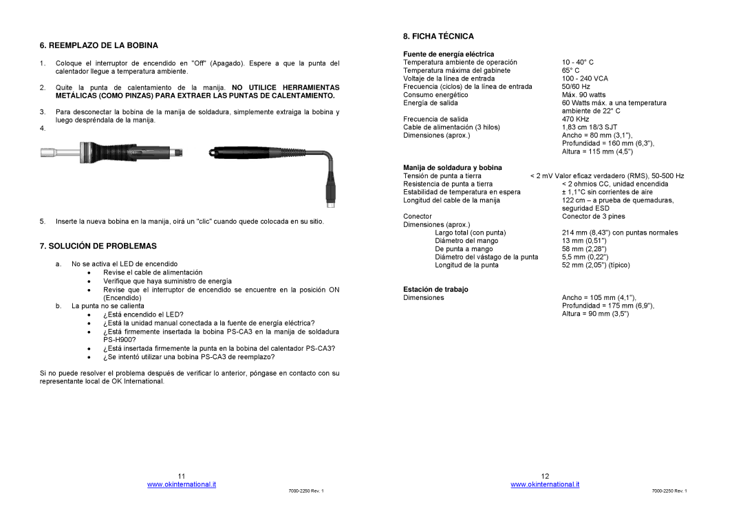 OK International ps-900 Reemplazo DE LA Bobina, Solución DE Problemas, Ficha Técnica, Estación de trabajo 