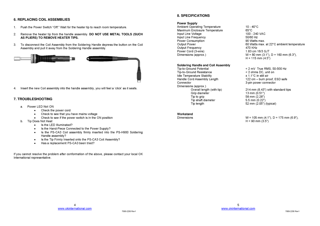 OK International ps-900 Replacing Coil Assemblies, Troubleshooting, Specifications, AS Pliers to Remove Heater Tips 