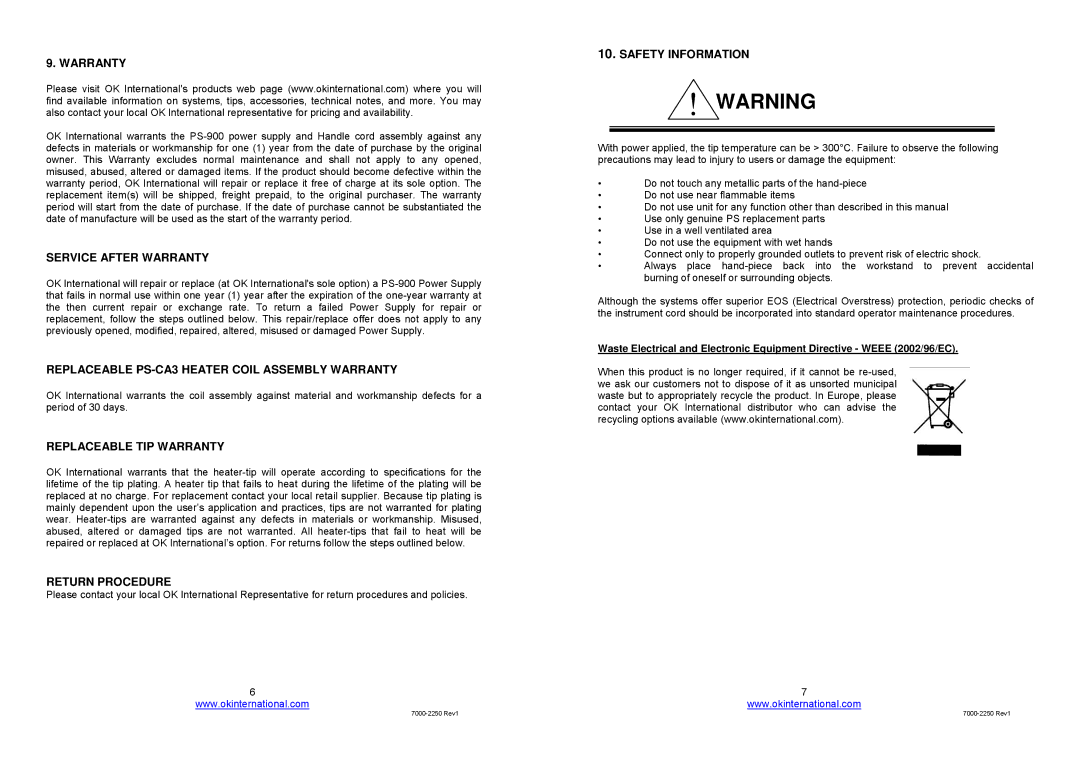 OK International soldering system, ps-900 Service After Warranty, Replaceable PS-CA3 Heater Coil Assembly Warranty 