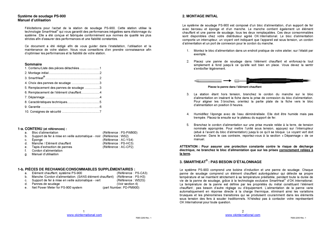 OK International ps-900, soldering system Système de soudage PS-900 Manuel d’utilisation, Sommaire, Montage Initial 