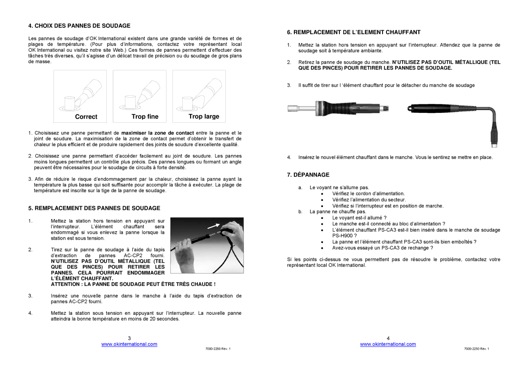 OK International soldering system Correct Trop fine, Choix DES Pannes DE Soudage, Remplacement DES Pannes DE Soudage 