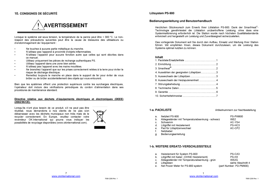 OK International soldering system, ps-900 manuel dutilisation Avertissement, Consignes DE Sécurité 