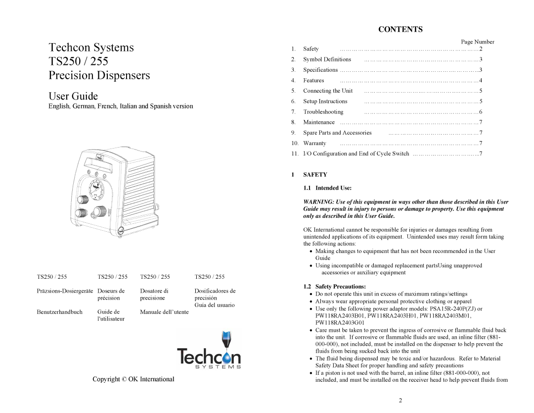 OK International TS255 specifications Techcon Systems TS250 Precision Dispensers 