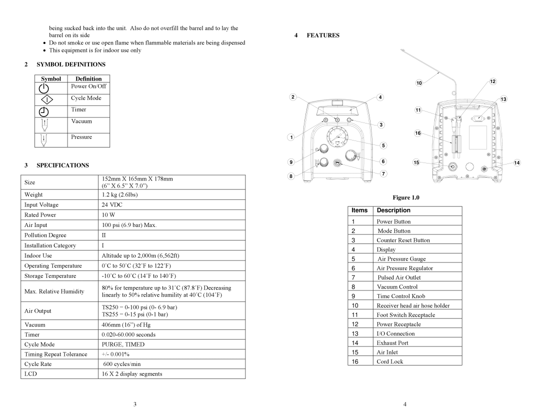 OK International TS250, TS255 specifications Features, Symbol Definitions, Specifications, Items Description 