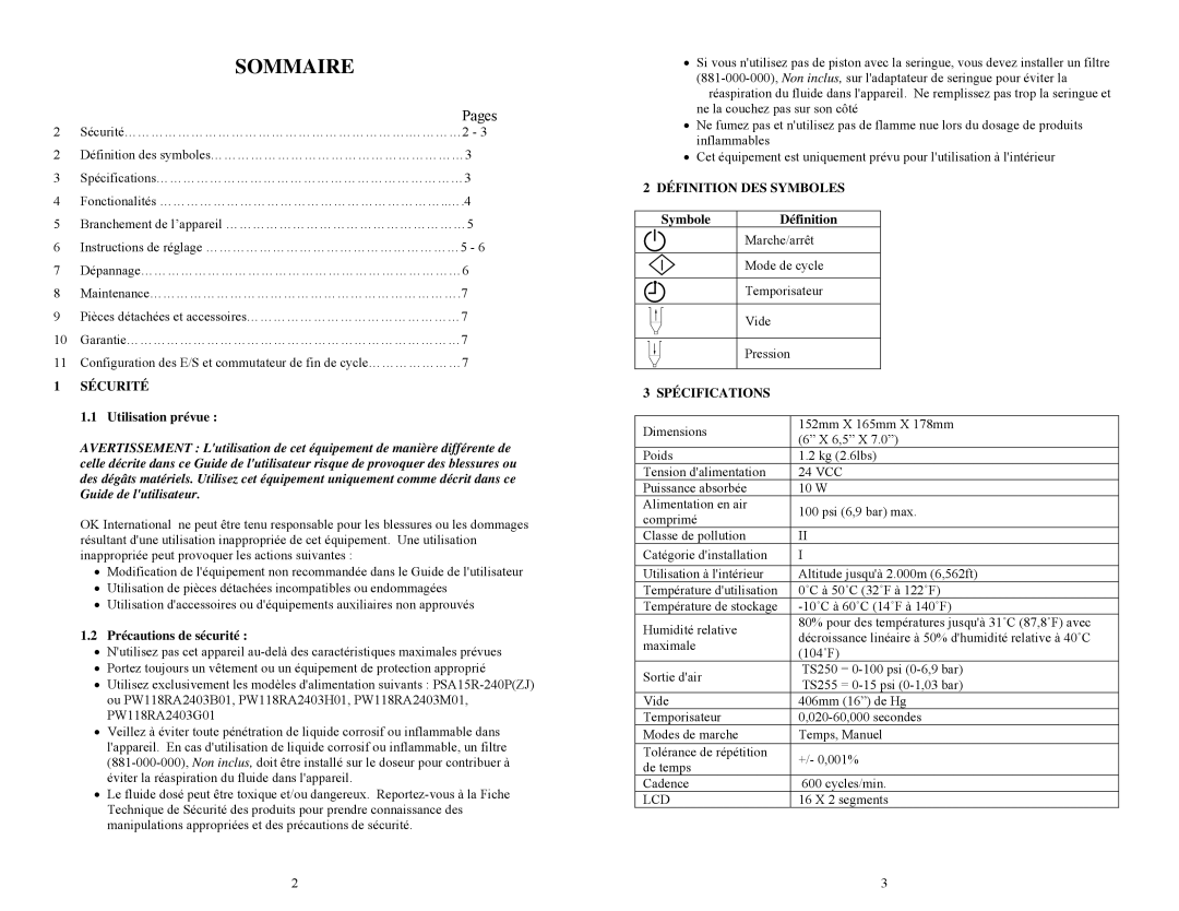 OK International TS250, TS255 specifications Sécurité, Définition DES Symboles, Spécifications 