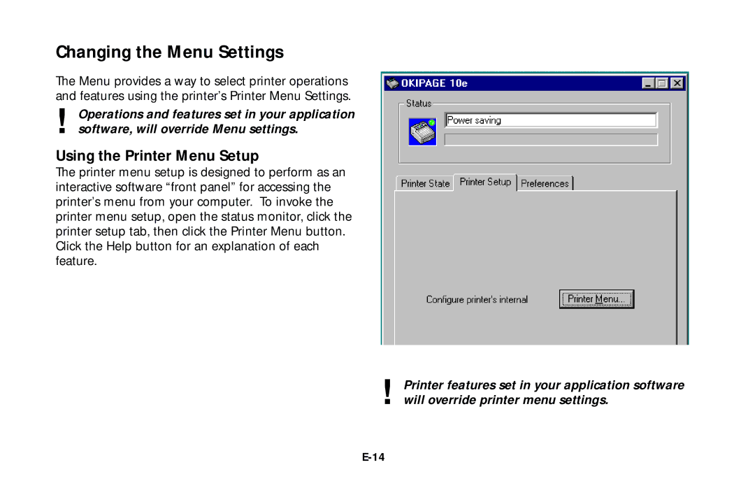 Oki 10e user manual Changing the Menu Settings, Using the Printer Menu Setup 