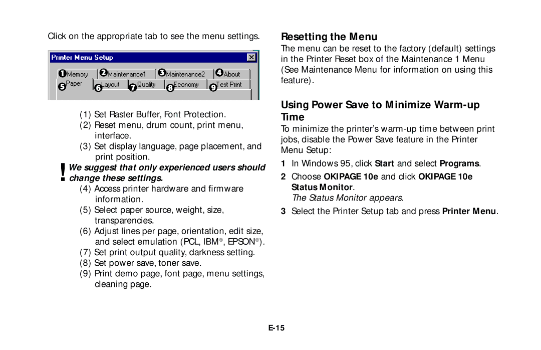 Oki 10e user manual Resetting the Menu, Using Power Save to Minimize Warm-up Time 