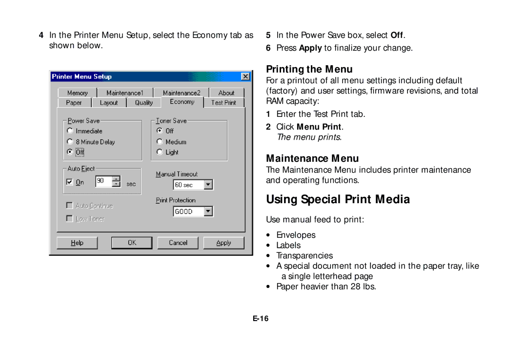 Oki 10e user manual Using Special Print Media, Printing the Menu, Maintenance Menu 