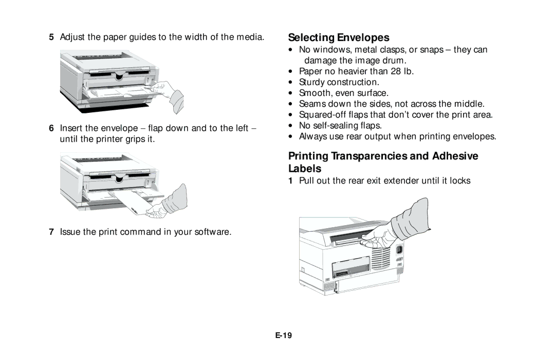 Oki 10e user manual Selecting Envelopes, Printing Transparencies and Adhesive Labels 