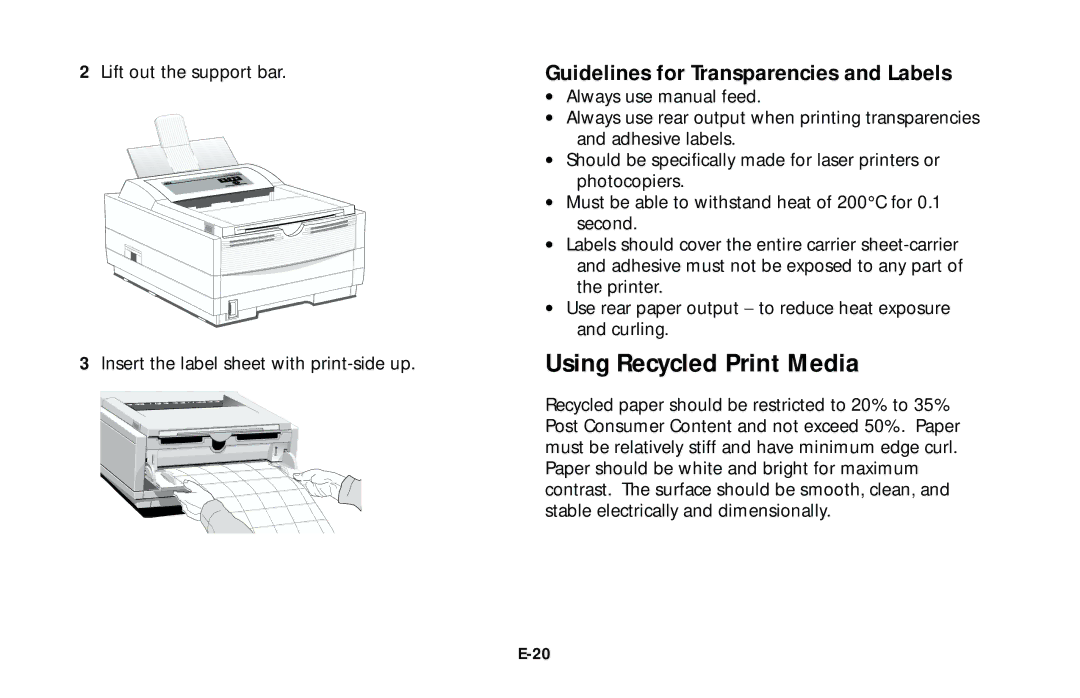 Oki 10e user manual Using Recycled Print Media, Guidelines for Transparencies and Labels 