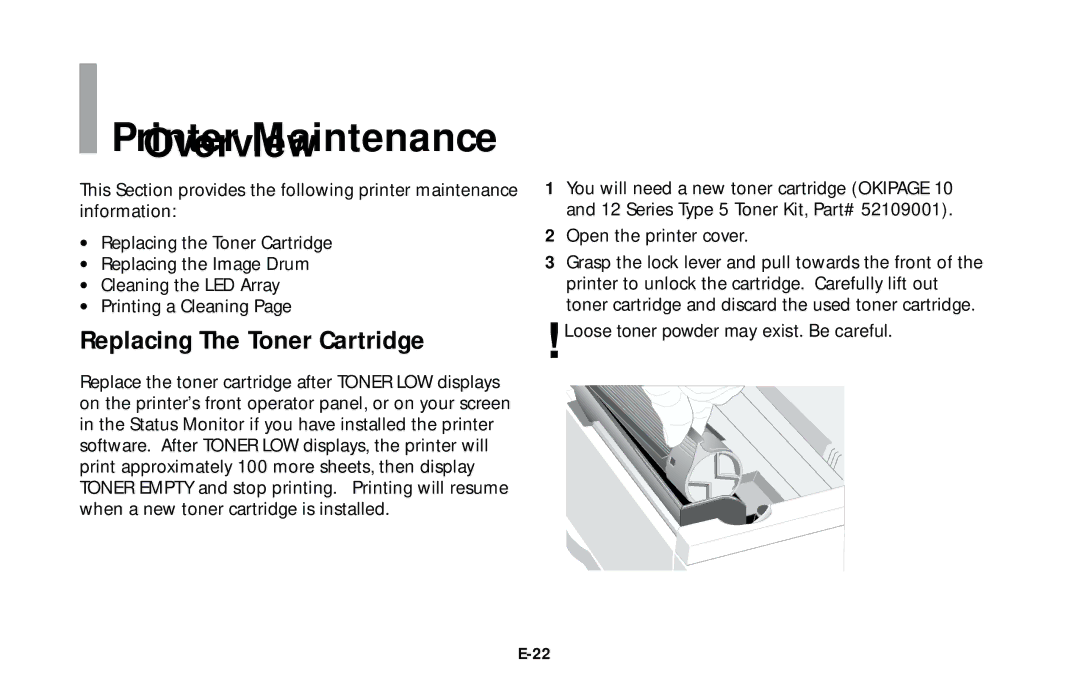 Oki 10e user manual Printer Maintenance, Replacing The Toner Cartridge 