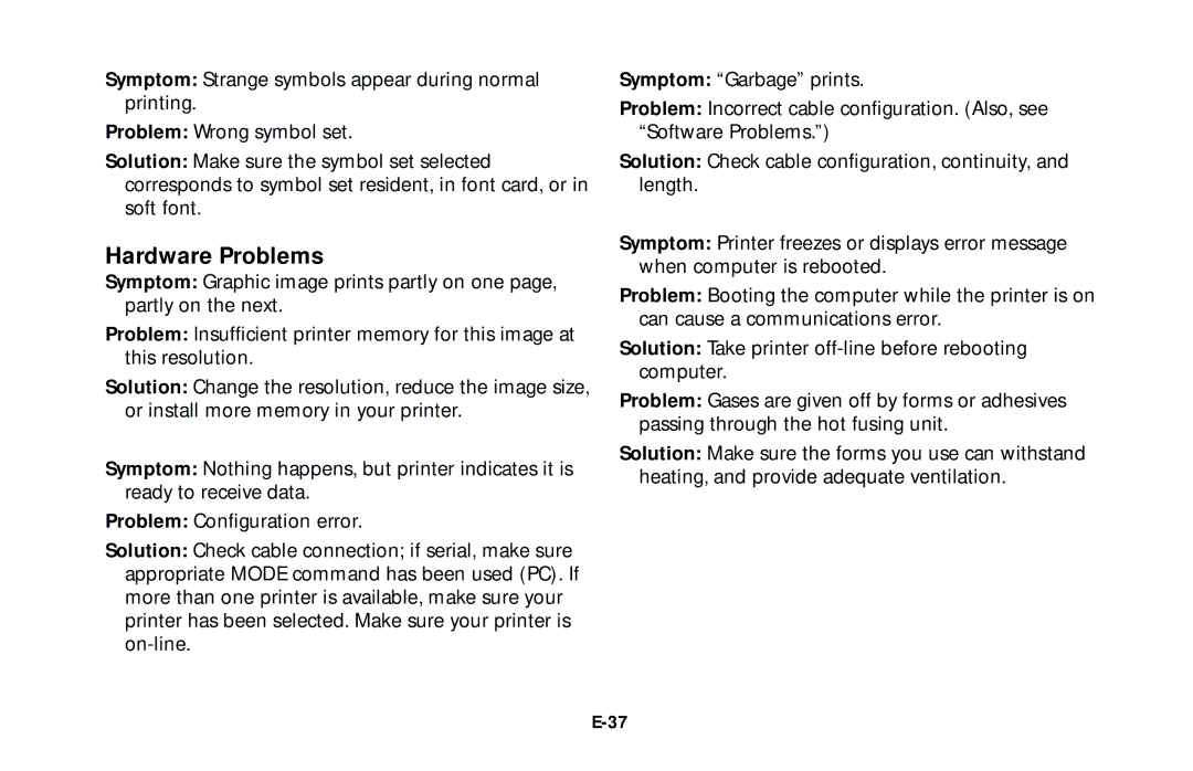 Oki 10e user manual Hardware Problems 