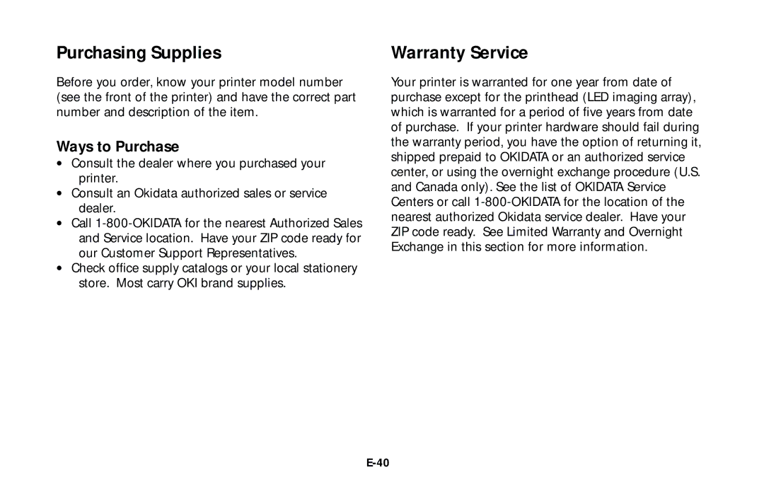 Oki 10e user manual Purchasing Supplies, Warranty Service, Ways to Purchase 