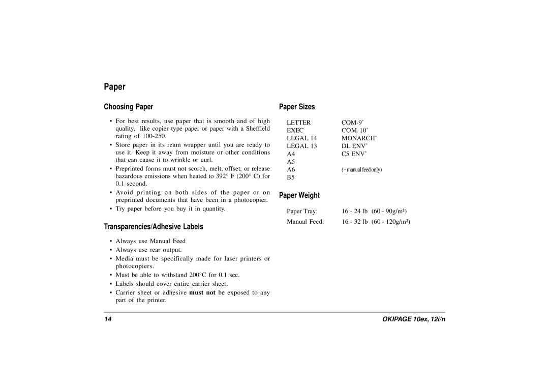 Oki 10ex, 12i/n manual Choosing Paper, Transparencies/Adhesive Labels, Paper Sizes, Paper Weight 