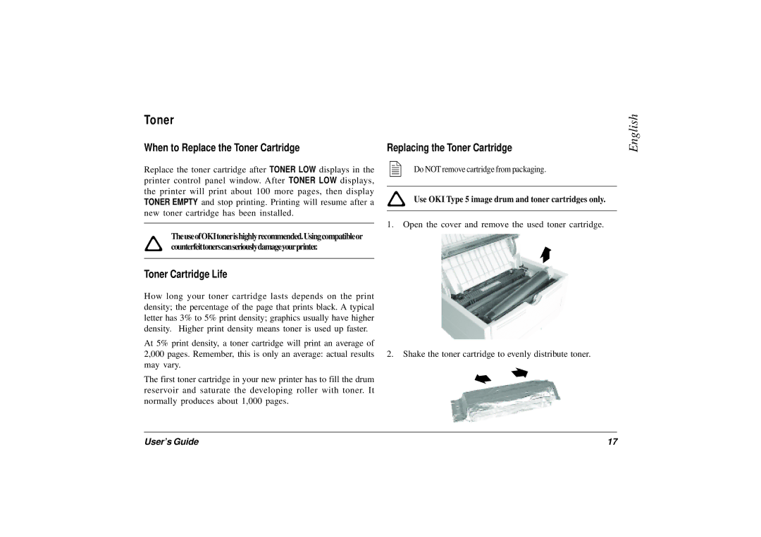 Oki 12i/n, 10ex manual When to Replace the Toner Cartridge, Toner Cartridge Life, Replacing the Toner Cartridge 