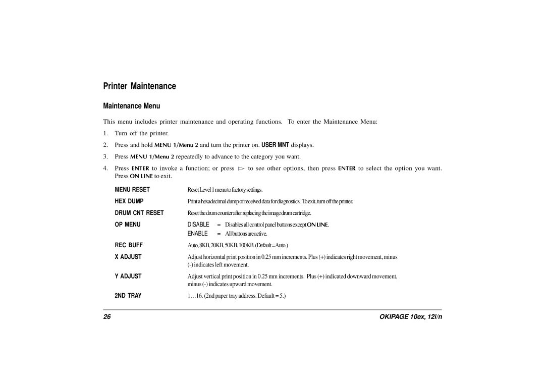 Oki 10ex, 12i/n manual Printer Maintenance, Maintenance Menu 