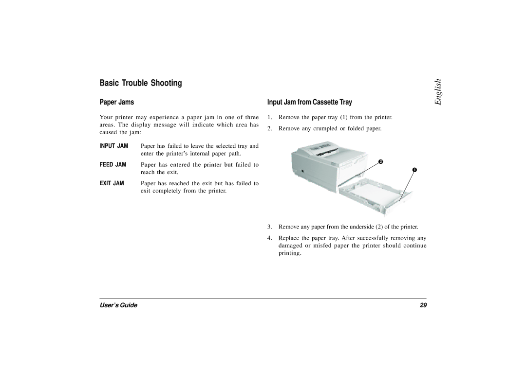 Oki 12i/n, 10ex manual Basic Trouble Shooting, Paper Jams Input Jam from Cassette Tray 