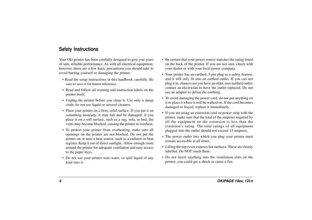 Oki 10ex, 12i/n manual Safety Instructions 