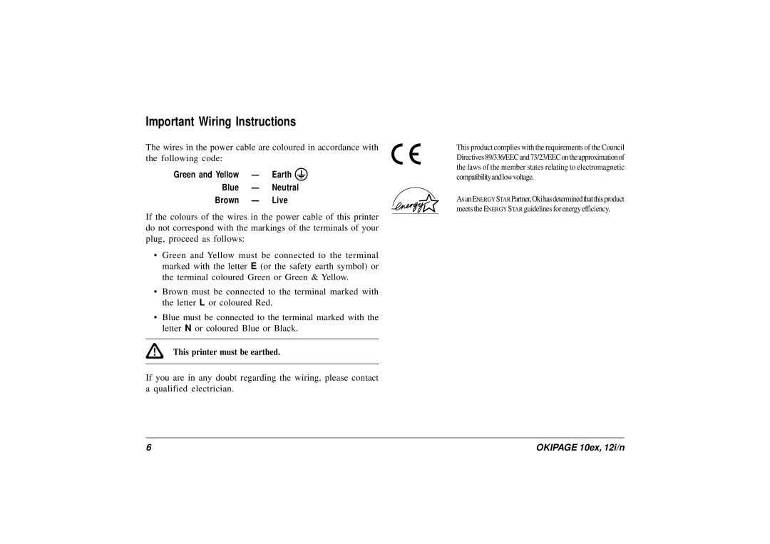 Oki 10ex, 12i/n manual Important Wiring Instructions 