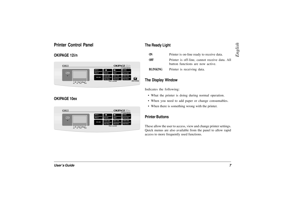 Oki manual Printer Control Panel, Okipage 12i/n Okipage 10ex Ready Light, Display Window, Printer Buttons 