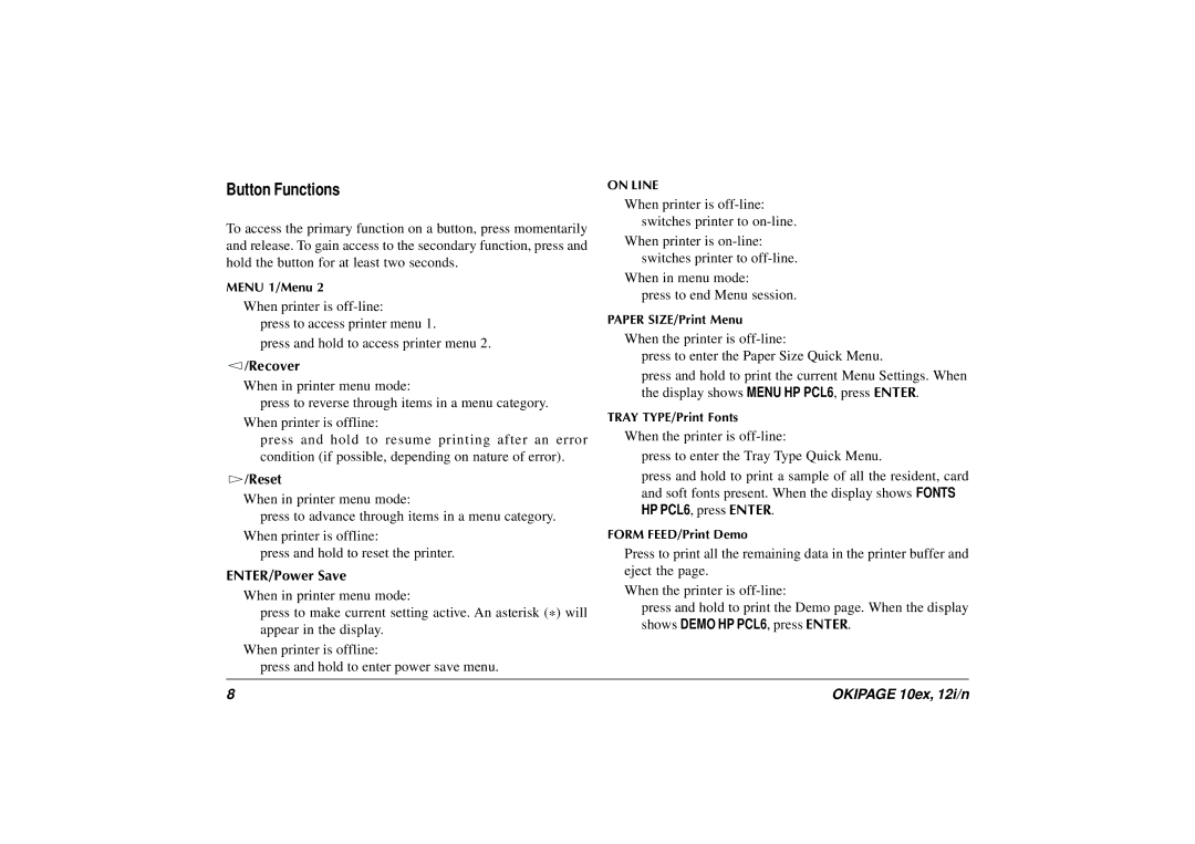 Oki 10ex, 12i/n manual Button Functions, Recover 