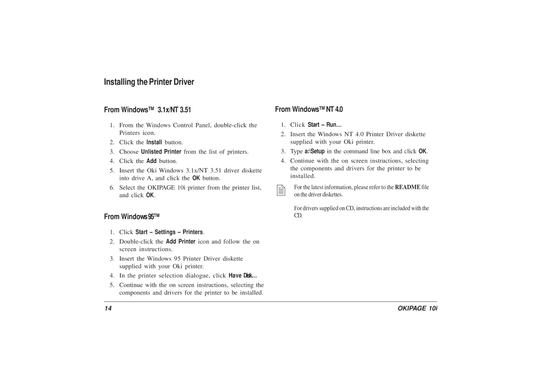 Oki 10i manual Installing the Printer Driver, From Windows 3.1x/NT, From Windows95, From Windows NT 