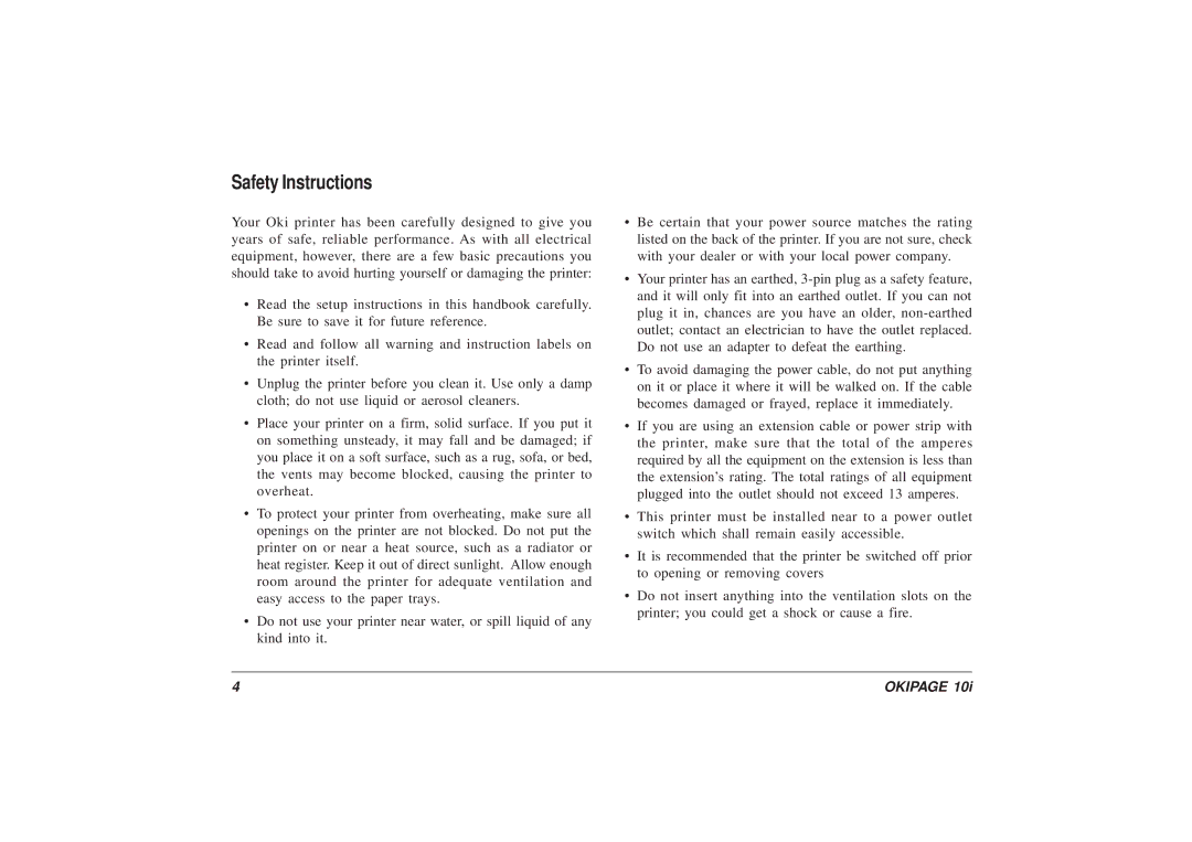 Oki 10i manual Safety Instructions 